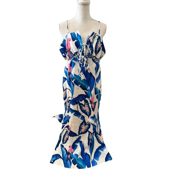 Farm Rio Blue Foliage Linen Laced Front Maxi Dress White Blue XL - Picture 2 of 13